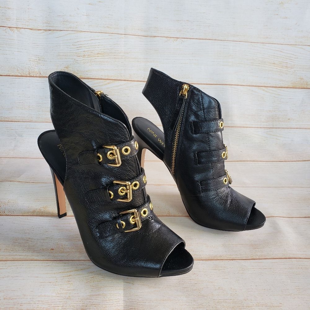 Nine West Leather Mohawkit Peep Toe Heeled Ankle Boots Booties Buckle Black 8M